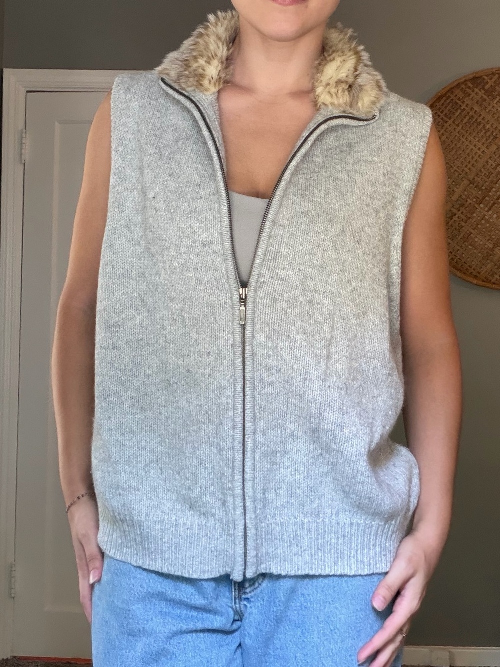 Eddie Bauer Wool/Angora Rabbit Hair Fabric Zip-Up Sweater Vest w/ Faux Fur